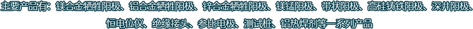 主要產品有：鎂合金犧牲陽極、鋁合金犧牲陽極、鋅合金犧牲陽極、鎂錳陽極、帶狀陽極、高硅鑄鐵陽極、深井陽極、恒電位儀、絕緣接頭、參比電極、測試樁、鋁熱焊劑等一系列產品